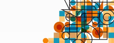 Güzel soyut bir arka plan. Çemberler, üçgen şekiller ve kareler. Duvar kağıdı, pankart, arkaplan veya iniş için en küçük geometrik şablon