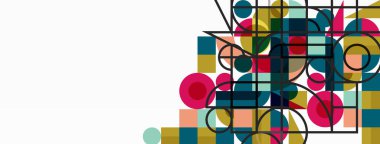 Güzel soyut bir arka plan. Çemberler, üçgen şekiller ve kareler. Duvar kağıdı, pankart, arkaplan veya iniş için en küçük geometrik şablon