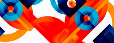 Yaratıcı geometrik duvar kağıdı. Asgari soyut arkaplan. Beyaz arkaplanda parlak renkli geometrik şekiller. Duvar kağıdı, afiş, arkaplan veya iniş için iş şablonu