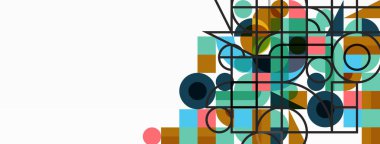 Güzel soyut bir arka plan. Çemberler, üçgen şekiller ve kareler. Duvar kağıdı, pankart, arkaplan veya iniş için en küçük geometrik şablon