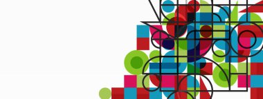 Güzel soyut bir arka plan. Çemberler, üçgen şekiller ve kareler. Duvar kağıdı, pankart, arkaplan veya iniş için en küçük geometrik şablon