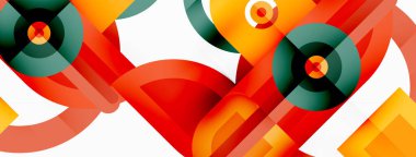 Yaratıcı geometrik duvar kağıdı. Asgari soyut arkaplan. Beyaz arkaplanda parlak renkli geometrik şekiller. Duvar kağıdı, afiş, arkaplan veya iniş için iş şablonu