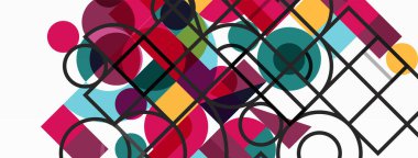 Güzel soyut bir arka plan. Çemberler, üçgen şekiller ve kareler. Duvar kağıdı, pankart, arkaplan veya iniş için en küçük geometrik şablon