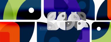 Renkli minimetrik geometrik soyut arkaplan. Yuvarlak elementlerle üçgen şekli, daireler. Duvar kağıdı, afiş, arkaplan veya iniş için moda tekno iş şablonu