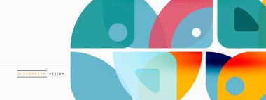 Renkli minimetrik geometrik soyut arkaplan. Yuvarlak elementlerle üçgen şekli, daireler. Duvar kağıdı, afiş, arkaplan veya iniş için moda tekno iş şablonu