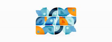 Renkli minimetrik geometrik soyut arkaplan. Yuvarlak elementlerle üçgen şekli, daireler. Duvar kağıdı, afiş, arkaplan veya iniş için moda tekno iş şablonu