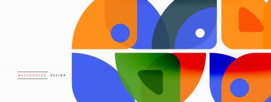 Renkli minimetrik geometrik soyut arkaplan. Yuvarlak elementlerle üçgen şekli, daireler. Duvar kağıdı, afiş, arkaplan veya iniş için moda tekno iş şablonu