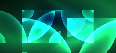 Parlak ışık efektli soyut bir arkaplan. Yuvarlak şekiller, üçgenler ve daireler. Yapay Zeka teknolojisi, engelleme zinciri, iletişim, 5G, bilim, iş ve teknoloji konsepti için duvar kağıdı