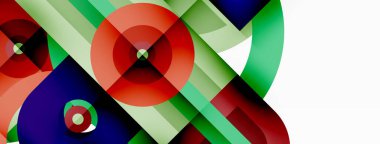 Yaratıcı geometrik duvar kağıdı. Asgari soyut arkaplan. Beyaz arkaplanda parlak renkli geometrik şekiller. Duvar kağıdı, afiş, arkaplan veya iniş için iş şablonu