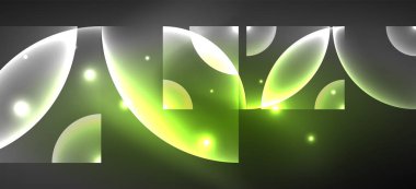 Parlak neon geometrik soyut arkaplan. Yuvarlak şekillerde, üçgenlerde ve dairelerde parlayan ışıklar. Yapay zeka teknolojisi, engelleme zinciri, iletişim için duvar kağıdı, 5G, bilim, iş