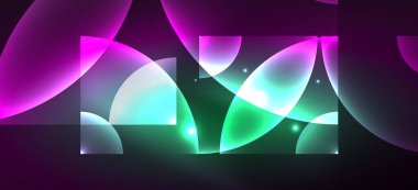 Parlak ışık efektli soyut bir arkaplan. Yuvarlak şekiller, üçgenler ve daireler. Yapay Zeka teknolojisi, engelleme zinciri, iletişim, 5G, bilim, iş ve teknoloji konsepti için duvar kağıdı