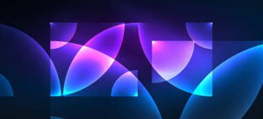 Parlak neon geometrik soyut arkaplan. Yuvarlak şekillerde, üçgenlerde ve dairelerde parlayan ışıklar. Yapay zeka teknolojisi, engelleme zinciri, iletişim için duvar kağıdı, 5G, bilim, iş