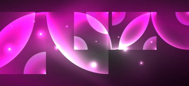 Parlak neon geometrik soyut arkaplan. Yuvarlak şekillerde, üçgenlerde ve dairelerde parlayan ışıklar. Yapay zeka teknolojisi, engelleme zinciri, iletişim için duvar kağıdı, 5G, bilim, iş