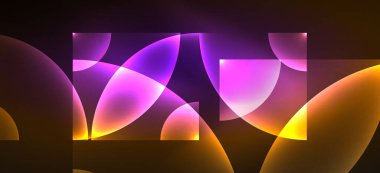 Parlak ışık efektli soyut bir arkaplan. Yuvarlak şekiller, üçgenler ve daireler. Yapay Zeka teknolojisi, engelleme zinciri, iletişim, 5G, bilim, iş ve teknoloji konsepti için duvar kağıdı