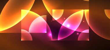 Parlak ışık efektli soyut bir arkaplan. Yuvarlak şekiller, üçgenler ve daireler. Yapay Zeka teknolojisi, engelleme zinciri, iletişim, 5G, bilim, iş ve teknoloji konsepti için duvar kağıdı