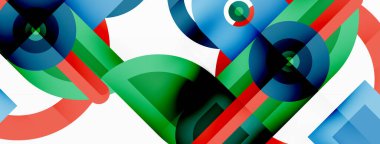 Yaratıcı geometrik duvar kağıdı. Asgari soyut arkaplan. Beyaz arkaplanda parlak renkli geometrik şekiller. Duvar kağıdı, afiş, arkaplan veya iniş için iş şablonu