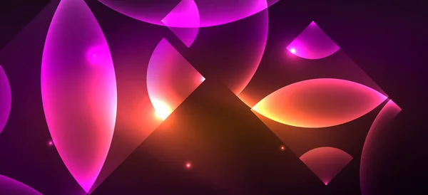 Lesklé Neonové Geometrické Abstraktní Pozadí Zářící Světla Kulaté Tvary Trojúhelníky — Stockový vektor