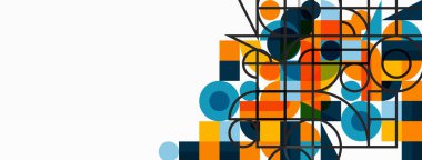 Güzel soyut bir arka plan. Çemberler, üçgen şekiller ve kareler. Duvar kağıdı, pankart, arkaplan veya iniş için en küçük geometrik şablon