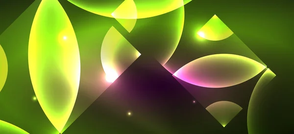 Glanzende Neon Geometrische Abstracte Achtergrond Gloeilampen Ronde Vormen Driehoeken Cirkels — Stockvector