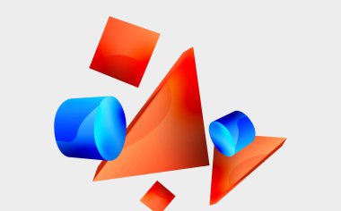 3d vektör minimalist geometrik soyut arkaplan. Üçgen, silindir, piramit temel şekil bileşimi. Duvar kağıdı, afiş, arkaplan veya iniş için moda tekno iş şablonu