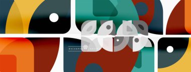 Renkli minimetrik geometrik soyut arkaplan. Yuvarlak elementlerle üçgen şekli, daireler. Duvar kağıdı, afiş, arkaplan veya iniş için moda tekno iş şablonu