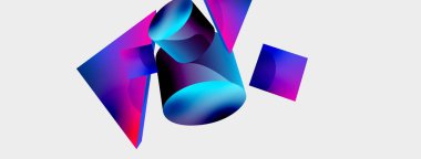 3d vektör minimalist geometrik soyut arkaplan. Üçgen, silindir, piramit temel şekil bileşimi. Duvar kağıdı, afiş, arkaplan veya iniş için moda tekno iş şablonu