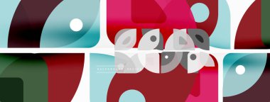 Renkli minimetrik geometrik soyut arkaplan. Yuvarlak elementlerle üçgen şekli, daireler. Duvar kağıdı, afiş, arkaplan veya iniş için moda tekno iş şablonu