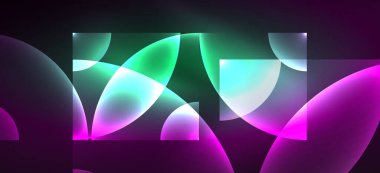 Parlak ışık efektli soyut bir arkaplan. Yuvarlak şekiller, üçgenler ve daireler. Yapay Zeka teknolojisi, engelleme zinciri, iletişim, 5G, bilim, iş ve teknoloji konsepti için duvar kağıdı