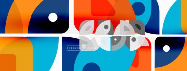 Renkli minimetrik geometrik soyut arkaplan. Yuvarlak elementlerle üçgen şekli, daireler. Duvar kağıdı, afiş, arkaplan veya iniş için moda tekno iş şablonu