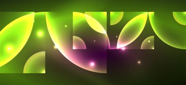 Parlak neon geometrik soyut arkaplan. Yuvarlak şekillerde, üçgenlerde ve dairelerde parlayan ışıklar. Yapay zeka teknolojisi, engelleme zinciri, iletişim için duvar kağıdı, 5G, bilim, iş