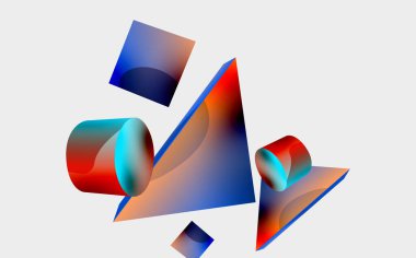 3d vektör minimalist geometrik soyut arkaplan. Üçgen, silindir, piramit temel şekil bileşimi. Duvar kağıdı, afiş, arkaplan veya iniş için moda tekno iş şablonu