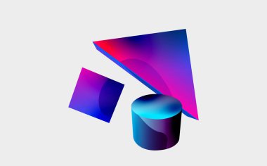 3d vektör minimalist geometrik soyut arkaplan. Üçgen, silindir, piramit temel şekil bileşimi. Duvar kağıdı, afiş, arkaplan veya iniş için moda tekno iş şablonu