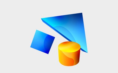 3d vektör minimalist geometrik soyut arkaplan. Üçgen, silindir, piramit temel şekil bileşimi. Duvar kağıdı, afiş, arkaplan veya iniş için moda tekno iş şablonu