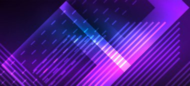 Arkaplanda parlak çizgiler ve geometrik şekiller var. Yapay zeka teknolojisi, engelleme zinciri, dijital, iletişim, 5G, bilim konsepti için karanlık duvar kağıdındaki ışıklar