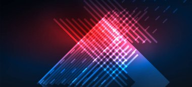 Arkaplanda parlak çizgiler ve geometrik şekiller var. Yapay zeka teknolojisi, engelleme zinciri, dijital, iletişim, 5G, bilim konsepti için karanlık duvar kağıdındaki ışıklar