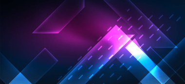 Arkaplanda parlak çizgiler ve geometrik şekiller var. Yapay zeka teknolojisi, engelleme zinciri, dijital, iletişim, 5G, bilim konsepti için karanlık duvar kağıdındaki ışıklar