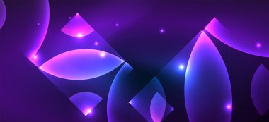 Parlak neon geometrik soyut arkaplan. Yuvarlak şekillerde, üçgenlerde ve dairelerde parlayan ışıklar. Yapay zeka teknolojisi, engelleme zinciri, iletişim için duvar kağıdı, 5G, bilim, iş