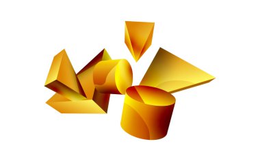 3d vektör minimalist geometrik soyut arkaplan. Üçgen, silindir, piramit temel şekil bileşimi. Duvar kağıdı, afiş, arkaplan veya iniş için moda tekno iş şablonu