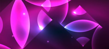 Parlak neon geometrik soyut arkaplan. Yuvarlak şekillerde, üçgenlerde ve dairelerde parlayan ışıklar. Yapay zeka teknolojisi, engelleme zinciri, iletişim için duvar kağıdı, 5G, bilim, iş