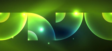 Parlak neon geometrik soyut arkaplan. Yuvarlak şekillerde, üçgenlerde ve dairelerde parlayan ışıklar. Yapay zeka teknolojisi, engelleme zinciri, iletişim için duvar kağıdı, 5G, bilim, iş