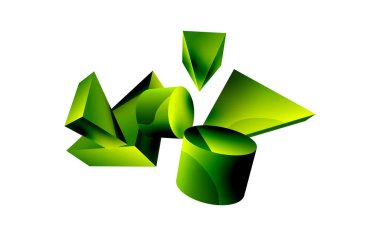 3d vektör minimalist geometrik soyut arkaplan. Üçgen, silindir, piramit temel şekil bileşimi. Duvar kağıdı, afiş, arkaplan veya iniş için moda tekno iş şablonu