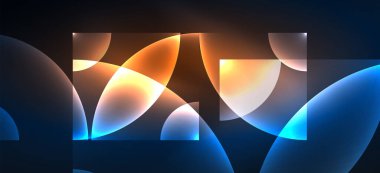 Parlak ışık efektli soyut bir arkaplan. Yuvarlak şekiller, üçgenler ve daireler. Yapay Zeka teknolojisi, engelleme zinciri, iletişim, 5G, bilim, iş ve teknoloji konsepti için duvar kağıdı