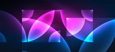 Parlak neon geometrik soyut arkaplan. Yuvarlak şekillerde, üçgenlerde ve dairelerde parlayan ışıklar. Yapay zeka teknolojisi, engelleme zinciri, iletişim için duvar kağıdı, 5G, bilim, iş