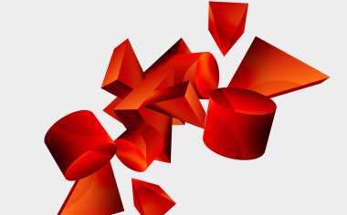 3d vektör minimalist geometrik soyut arkaplan. Üçgen, silindir, piramit temel şekil bileşimi. Duvar kağıdı, afiş, arkaplan veya iniş için moda tekno iş şablonu