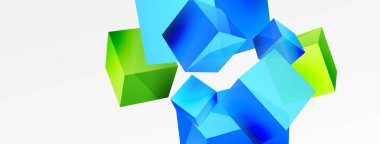 3d küp vektör soyut arkaplan. 3d kare şeklindeki temel geometrik elementlerin bileşimi. Duvar kağıdı, afiş, arkaplan veya iniş için moda tekno iş şablonu