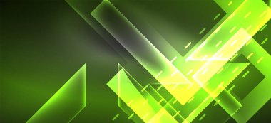 Arkaplanda parlak çizgiler ve geometrik şekiller var. Yapay zeka teknolojisi, engelleme zinciri, dijital, iletişim, 5G, bilim konsepti için karanlık duvar kağıdındaki ışıklar