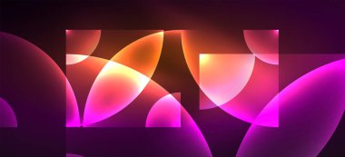 Parlak ışık efektli soyut bir arkaplan. Yuvarlak şekiller, üçgenler ve daireler. Yapay Zeka teknolojisi, engelleme zinciri, iletişim, 5G, bilim, iş ve teknoloji konsepti için duvar kağıdı