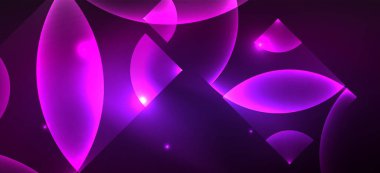 Parlak neon geometrik soyut arkaplan. Yuvarlak şekillerde, üçgenlerde ve dairelerde parlayan ışıklar. Yapay zeka teknolojisi, engelleme zinciri, iletişim için duvar kağıdı, 5G, bilim, iş