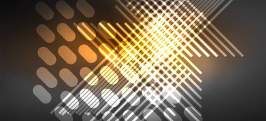 Arkaplanda parlak çizgiler ve geometrik şekiller var. Yapay zeka teknolojisi, engelleme zinciri, dijital, iletişim, 5G, bilim konsepti için karanlık duvar kağıdındaki ışıklar