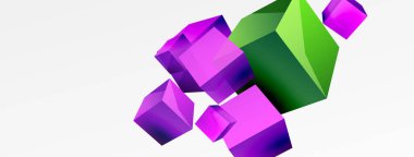 3d vektör soyut arkaplan. Uçan küp kompozisyonu. Duvar kağıdı, afiş, arkaplan veya iniş için moda tekno iş şablonu